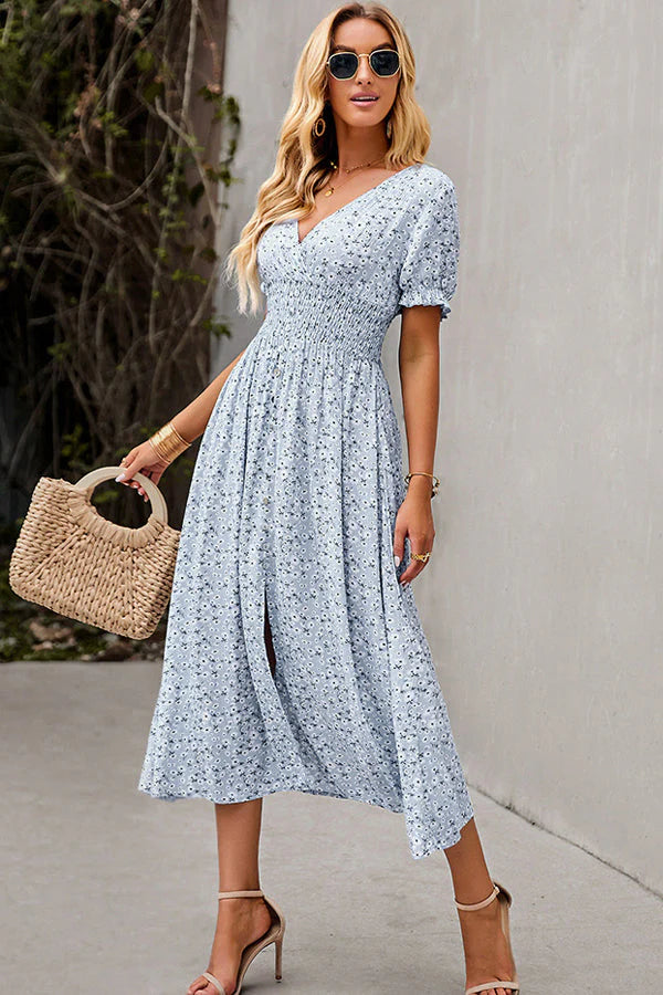 Aimee - V Neck Smocked Floral Print Maxi Dress Women