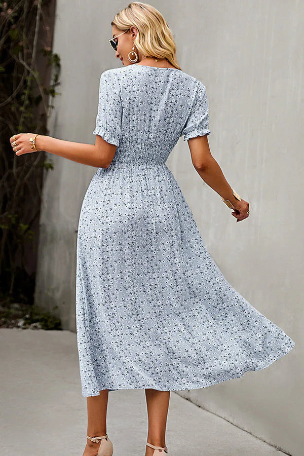 Aimee - V Neck Smocked Floral Print Maxi Dress Women