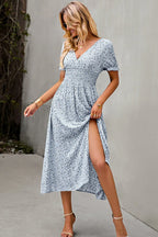 Aimee - V Neck Smocked Floral Print Maxi Dress Women