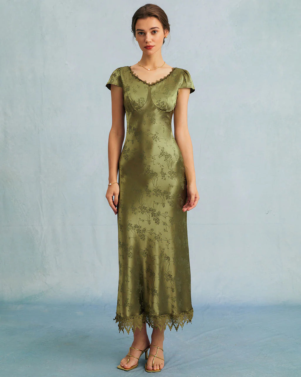 Aurora - Green Jacquard Corset Slip Maxi Dress
