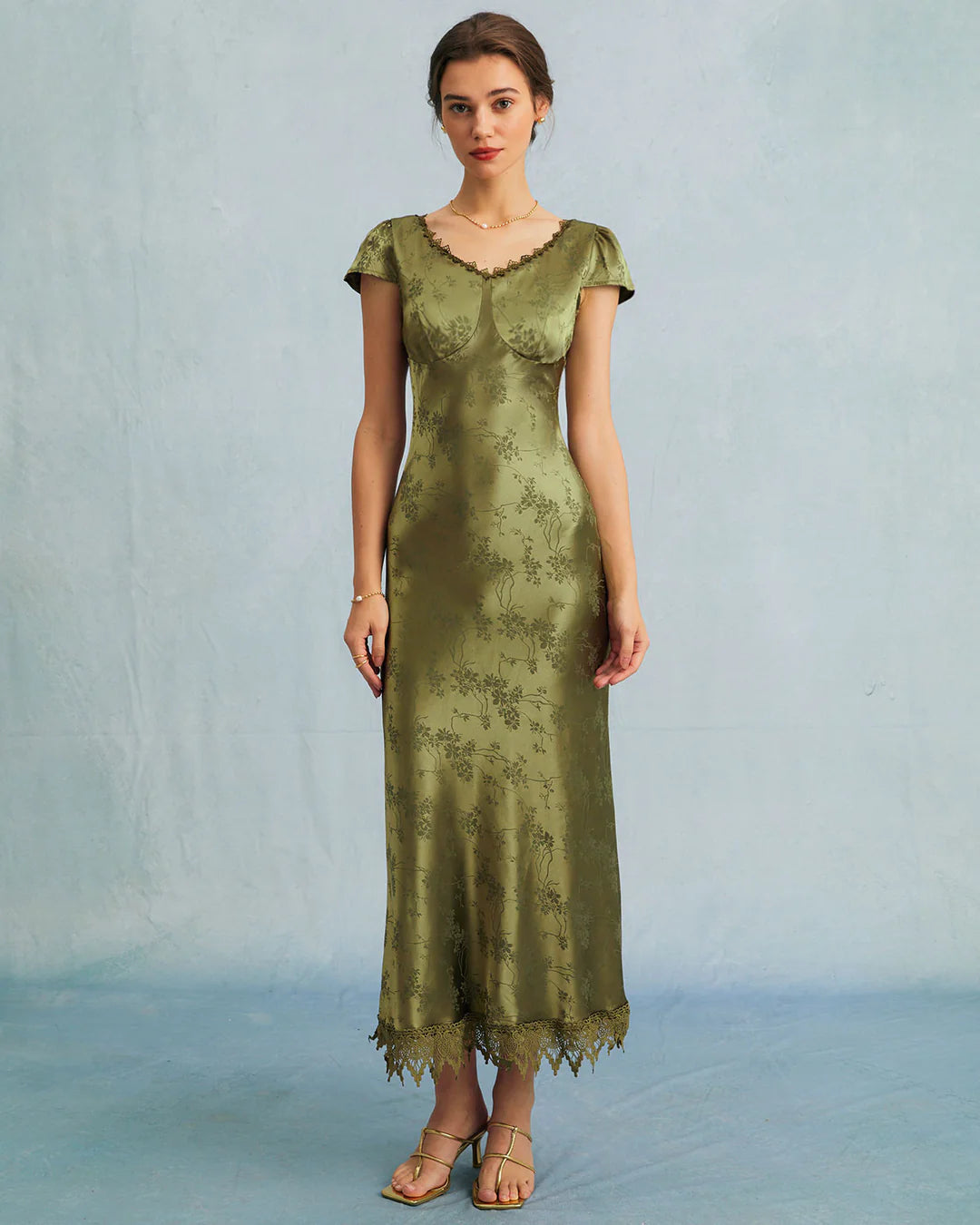 Aurora - Green Jacquard Corset Slip Maxi Dress