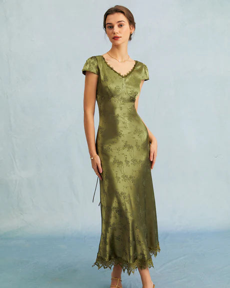 Aurora - Green Jacquard Corset Slip Maxi Dress
