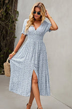 Aimee - V Neck Smocked Floral Print Maxi Dress Women