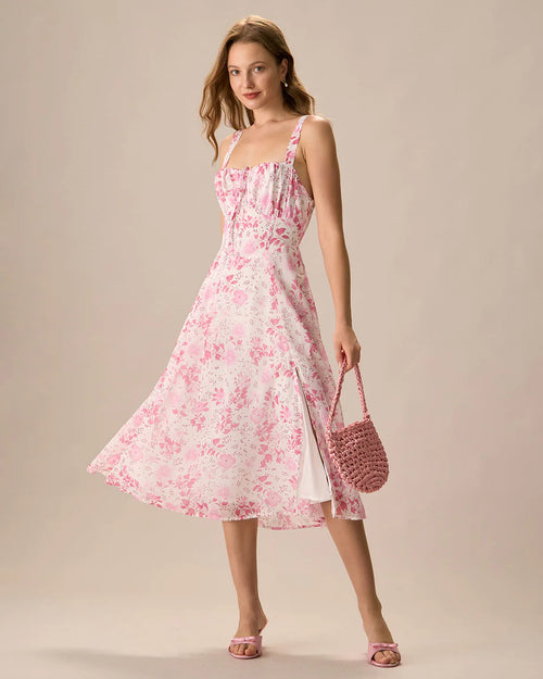 Abigail - Square Neck Floral Ruched Midi Dress