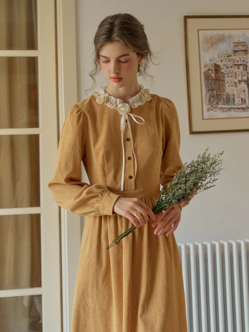 Ebony - Romantic Floral Trimmed Elegant Womens Dress