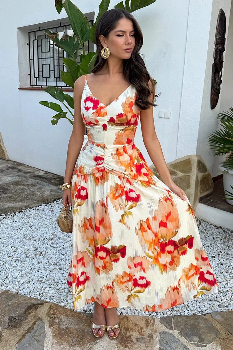 Sophia - Floral Print Open Back Ruched Midi Dress