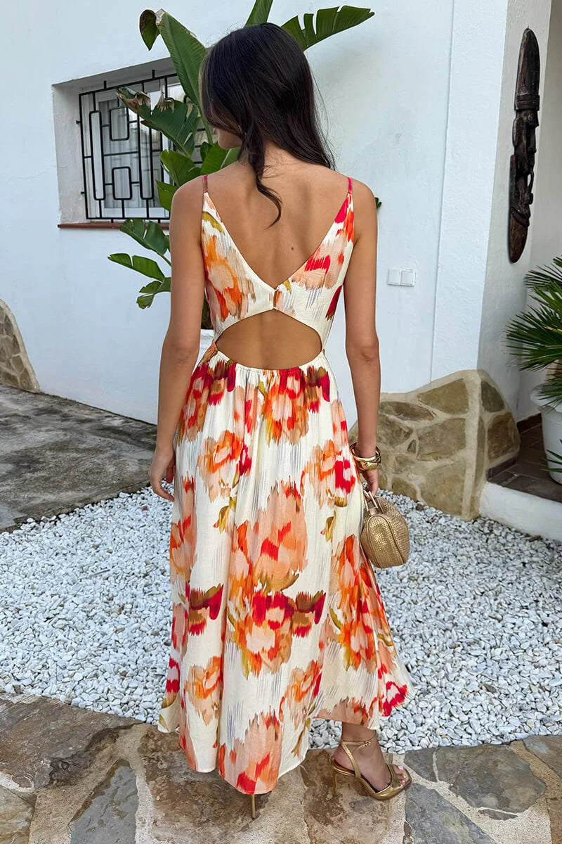 Sophia - Floral Print Open Back Ruched Midi Dress