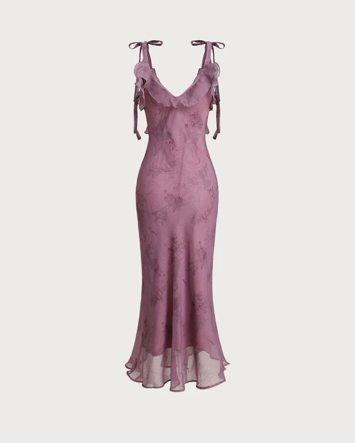 Ashley - Purple Floral Ruffle Tie Strap Midi Dress
