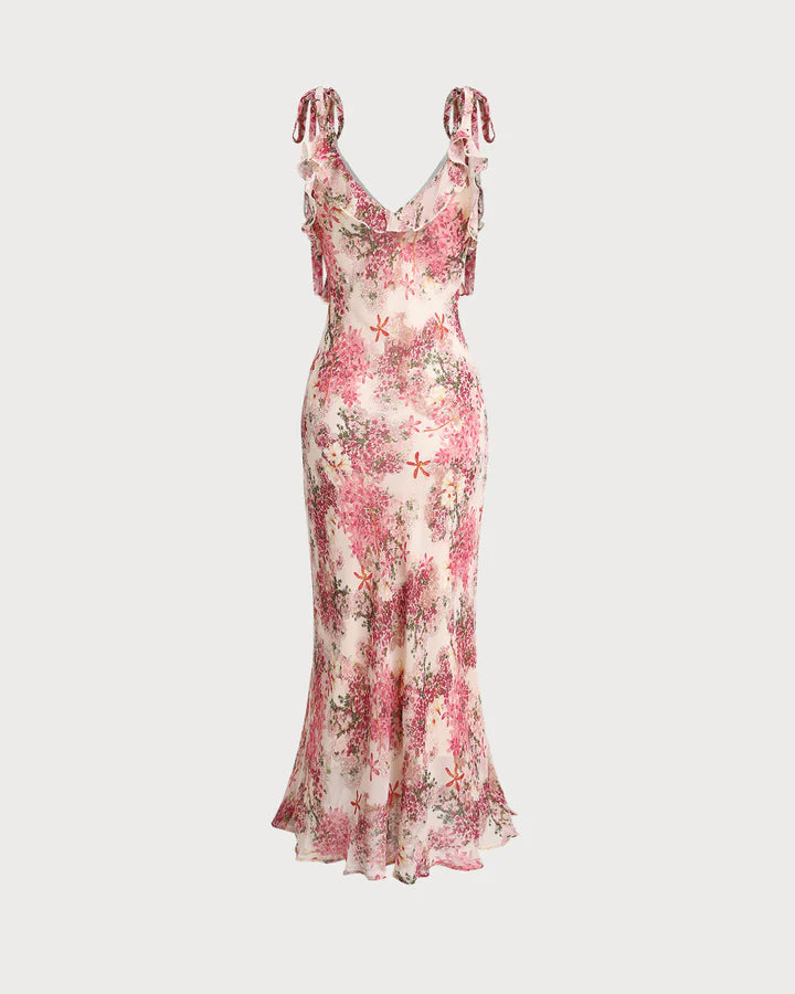 Ashley - Purple Floral Ruffle Tie Strap Midi Dress