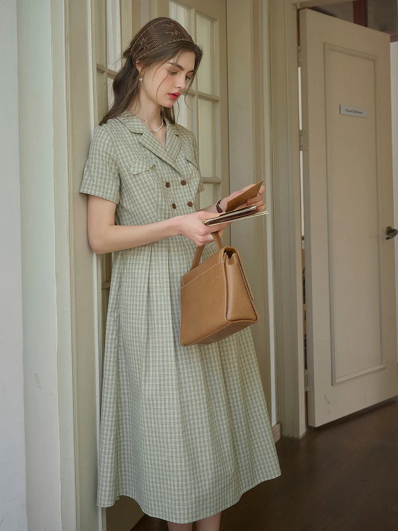 Bianca - V Neck Lapel Plaid Dress Elegant Style