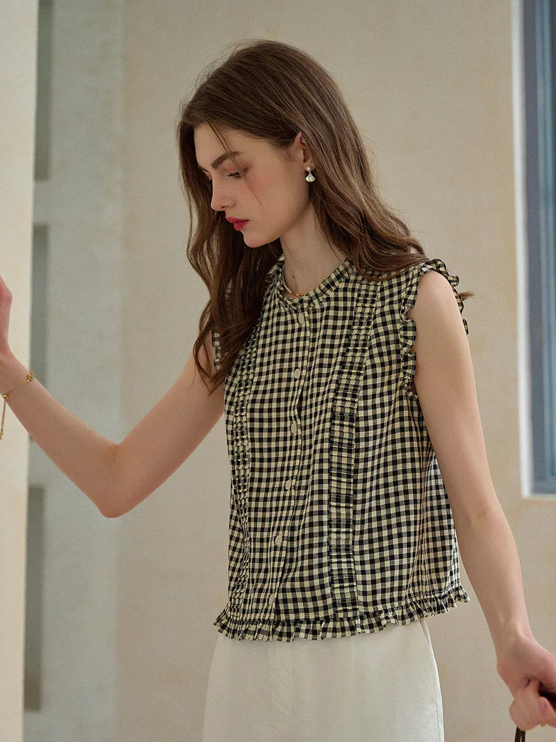 Amara - Round Neck Plaid Sleeveless Casual Top