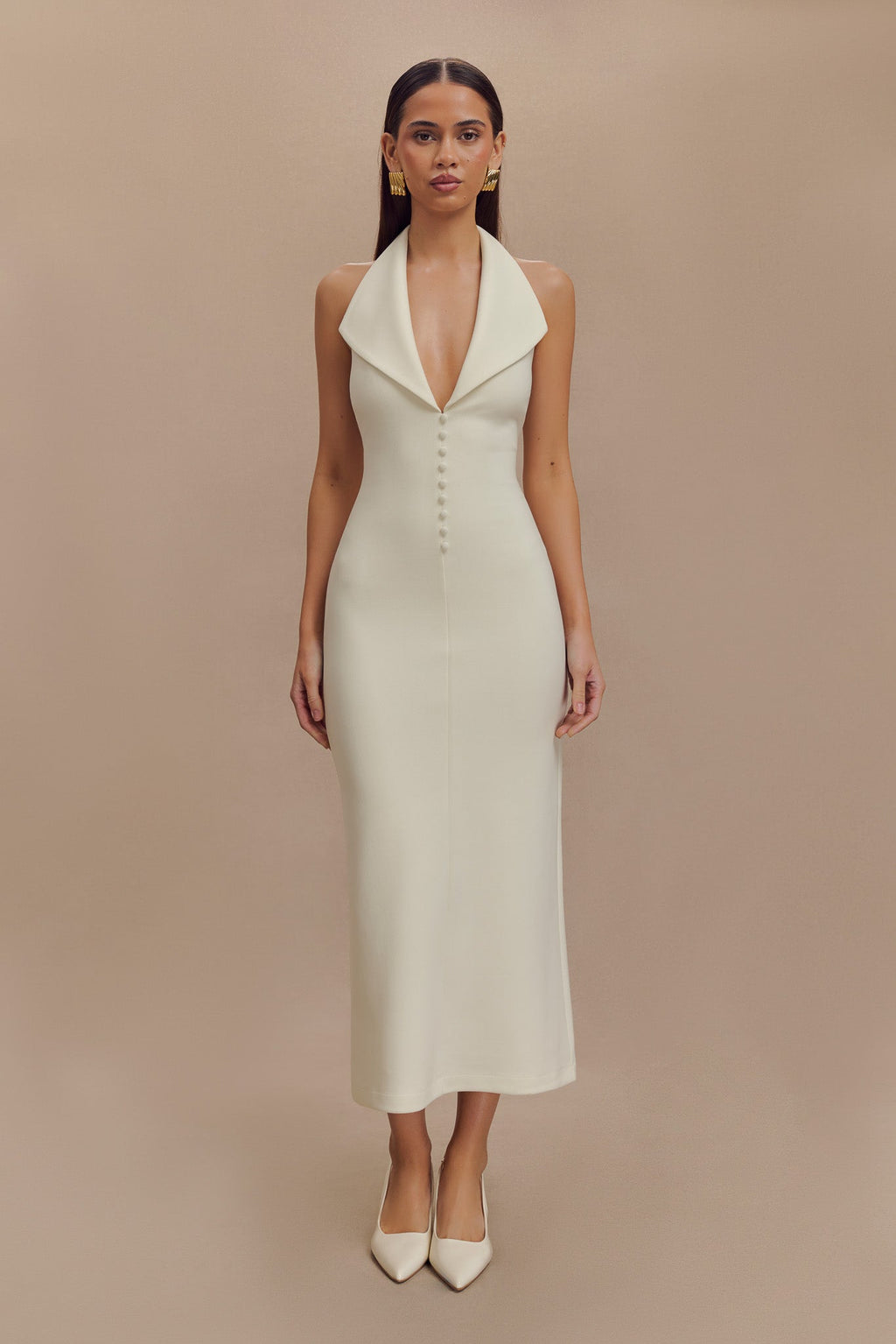 Catherine - Ivory Halter Elegant Midi Dress