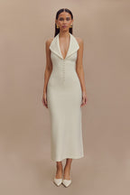 Catherine - Ivory Halter Elegant Midi Dress