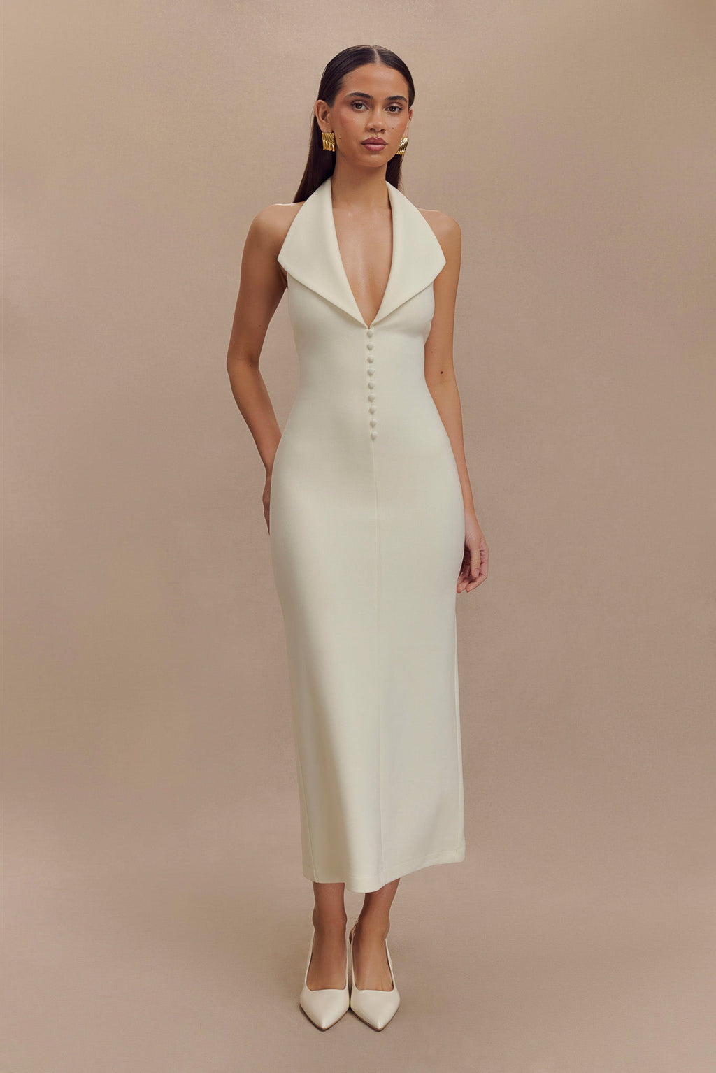 Catherine - Ivory Halter Elegant Midi Dress