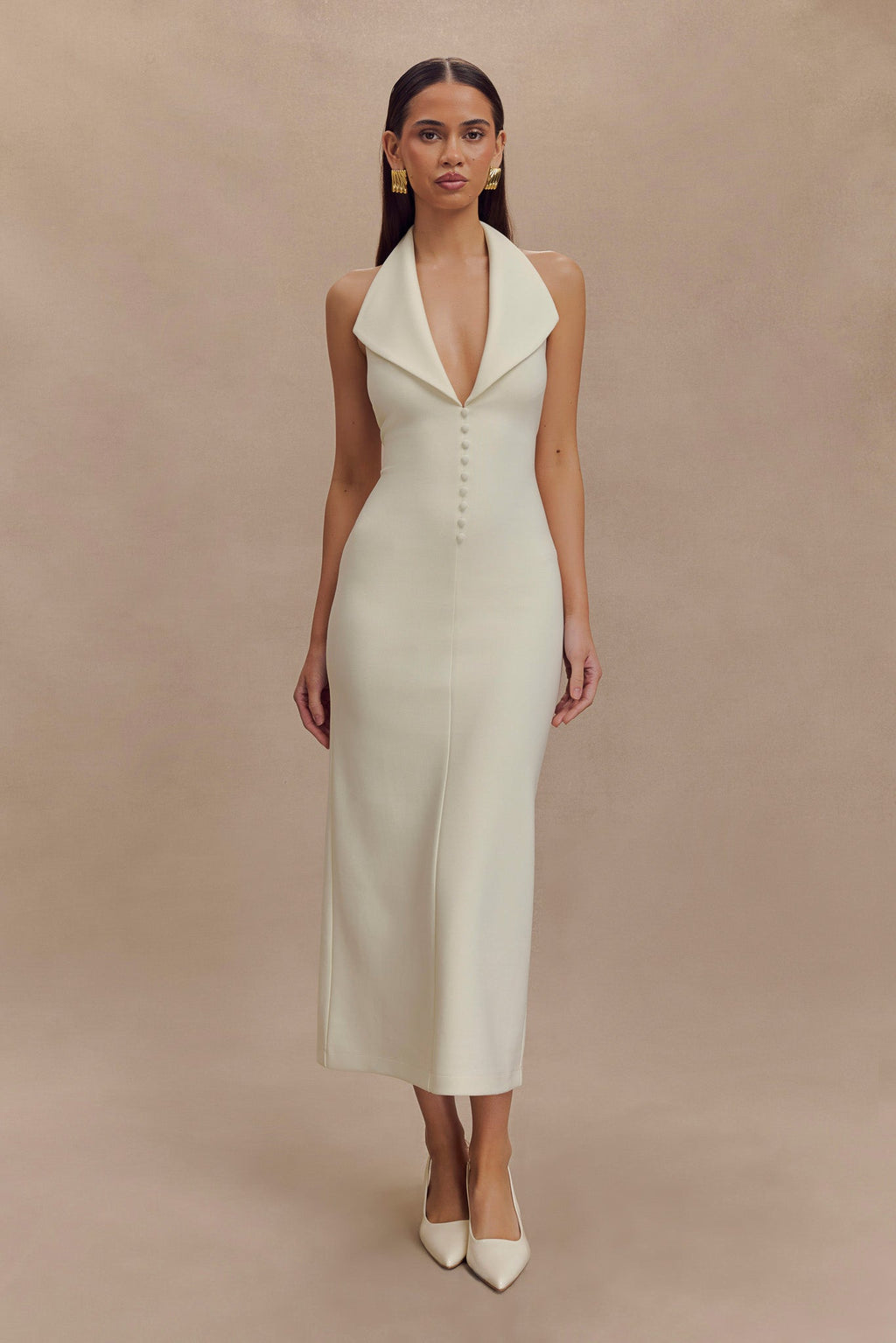 Catherine - Ivory Halter Elegant Midi Dress
