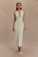 Catherine - Ivory Halter Elegant Midi Dress