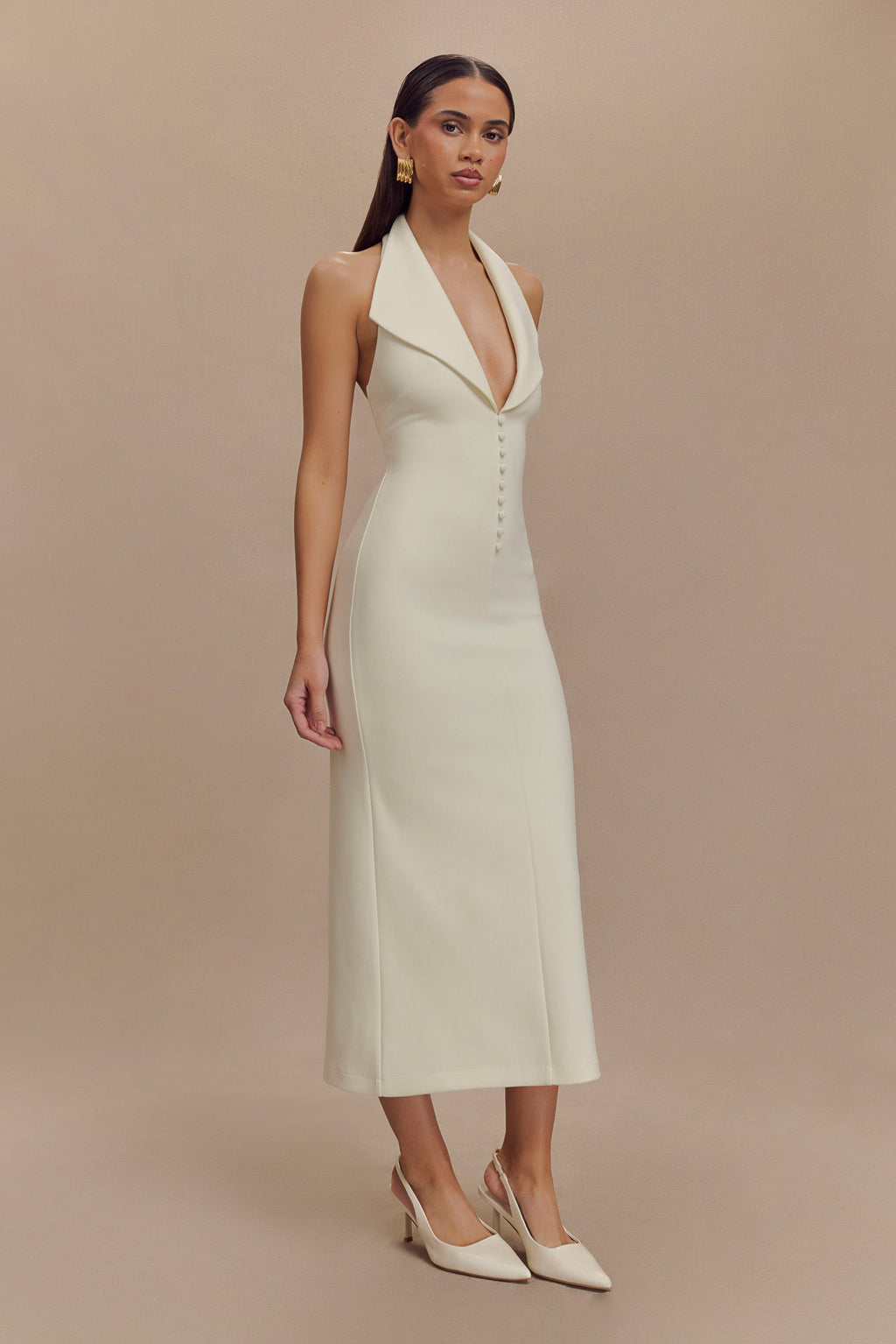 Catherine - Ivory Halter Elegant Midi Dress