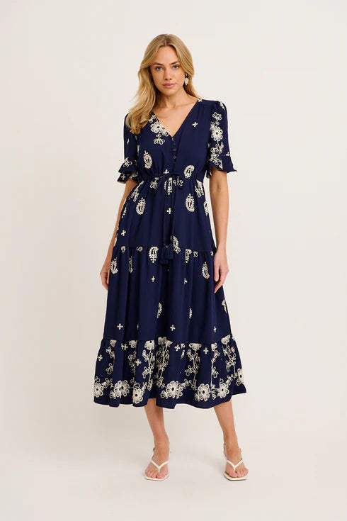 Alice - Jaliyah Navy Maxi Dress White Embroidery