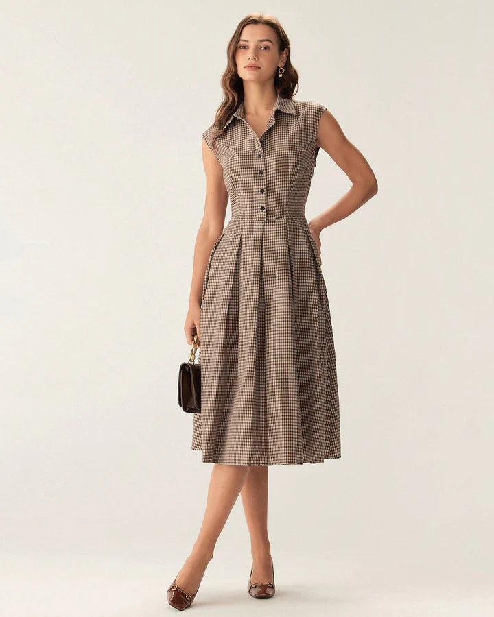 Angelica - Brown Plaid A Line Midi Dress