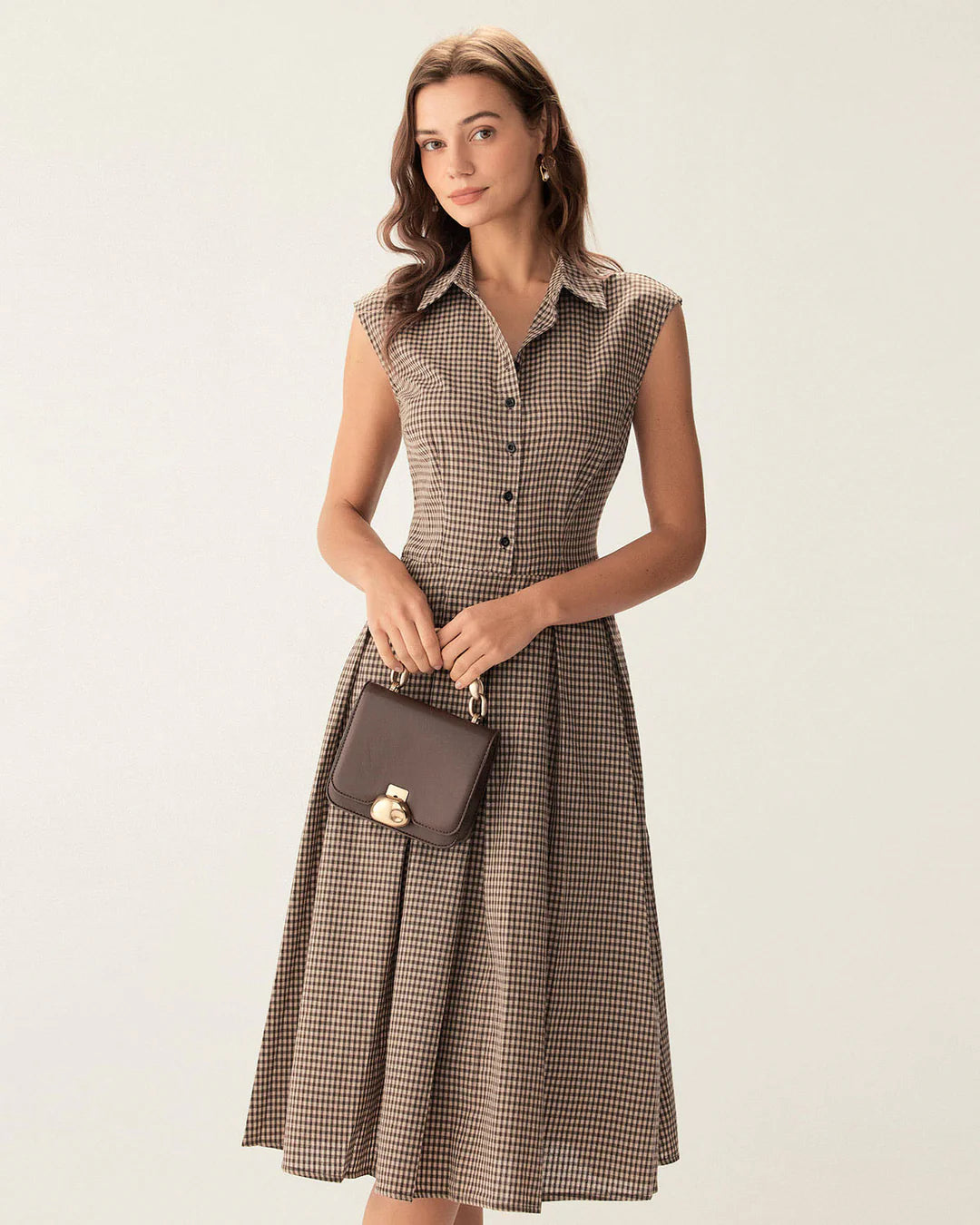 Angelica - Brown Plaid A Line Midi Dress