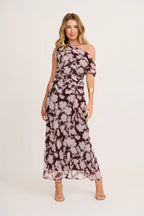 Albany - Samina Maxi Off Shoulder Dress in Brown Floral Chiffon