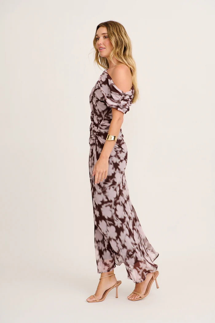 Albany - Samina Maxi Off Shoulder Dress in Brown Floral Chiffon