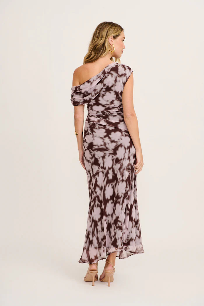 Albany - Samina Maxi Off Shoulder Dress in Brown Floral Chiffon