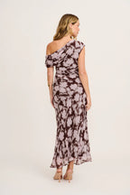 Albany - Samina Maxi Off Shoulder Dress in Brown Floral Chiffon
