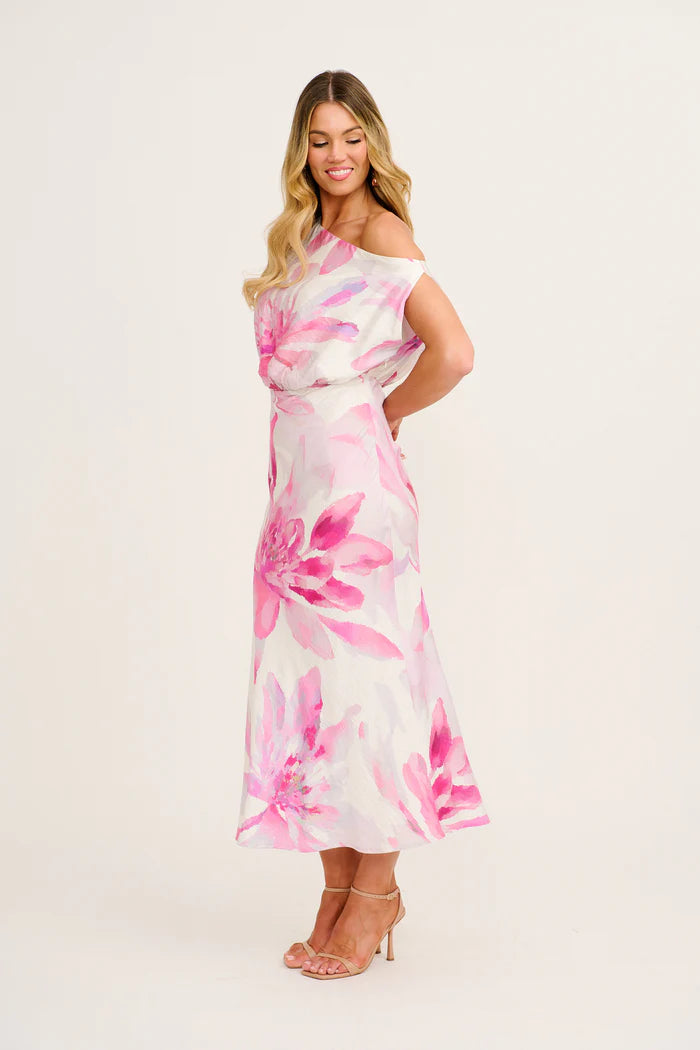 Regina - White Pink Floral Off Shoulder Maxi Dress