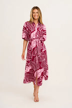 Arwen - Plum Pink Leaf Midi Shirt Dress