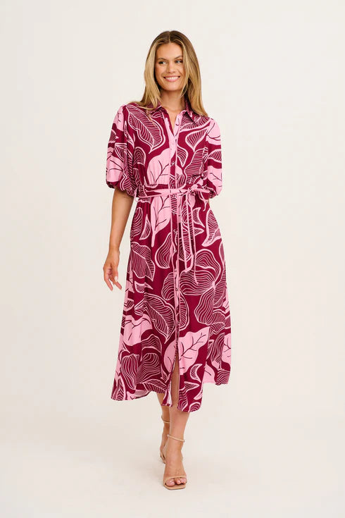 Arwen - Plum Pink Leaf Midi Shirt Dress