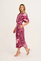 Arwen - Plum Pink Leaf Midi Shirt Dress