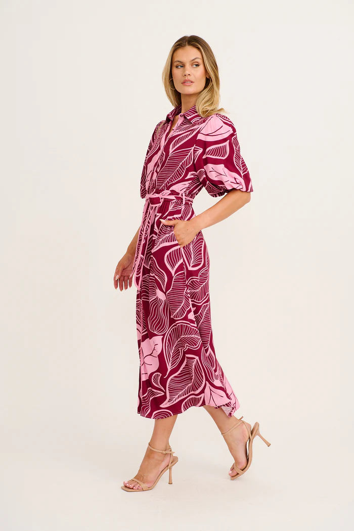Arwen - Plum Pink Leaf Midi Shirt Dress