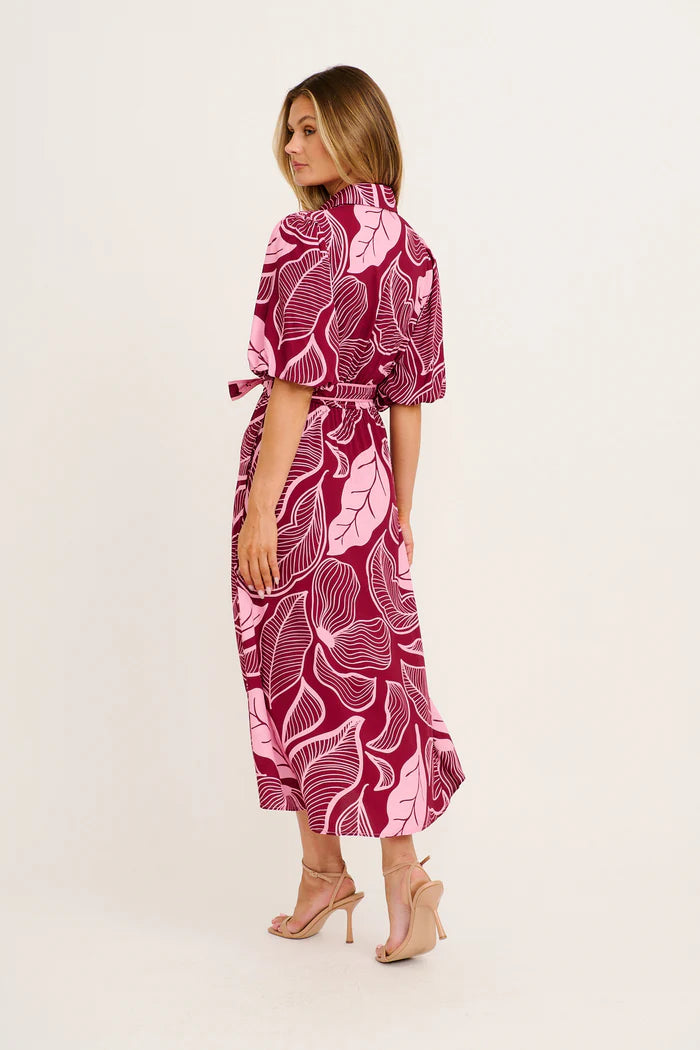 Arwen - Plum Pink Leaf Midi Shirt Dress