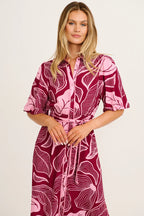 Arwen - Plum Pink Leaf Midi Shirt Dress