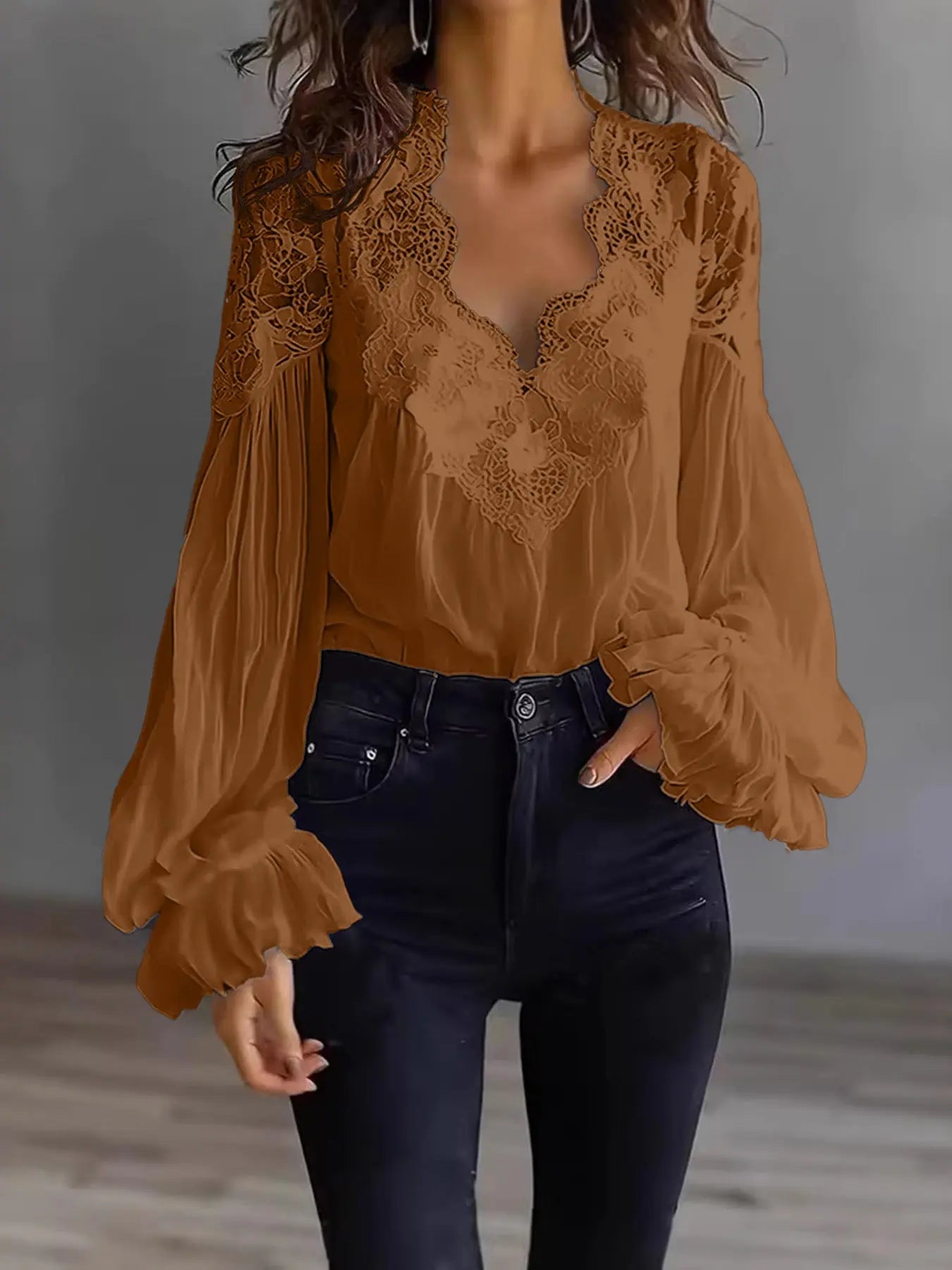 Alani - Lace Panel Ruffle Puff Sleeve Pleated Shirt Women
