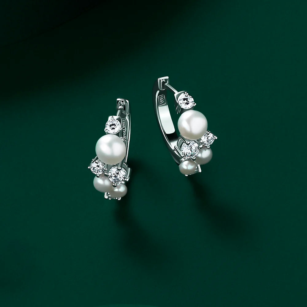 Alison - Pearl Cubic Zirconia Scattered Huggie Earrings Silver