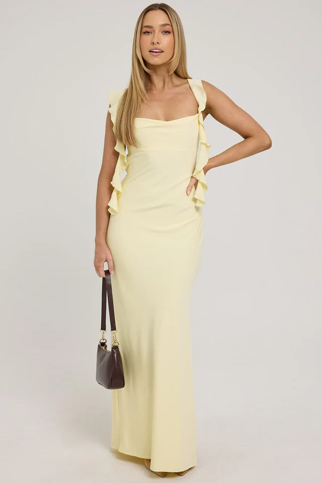 Aida - Lemon Cowl Ruffle Maxi Dress for Women