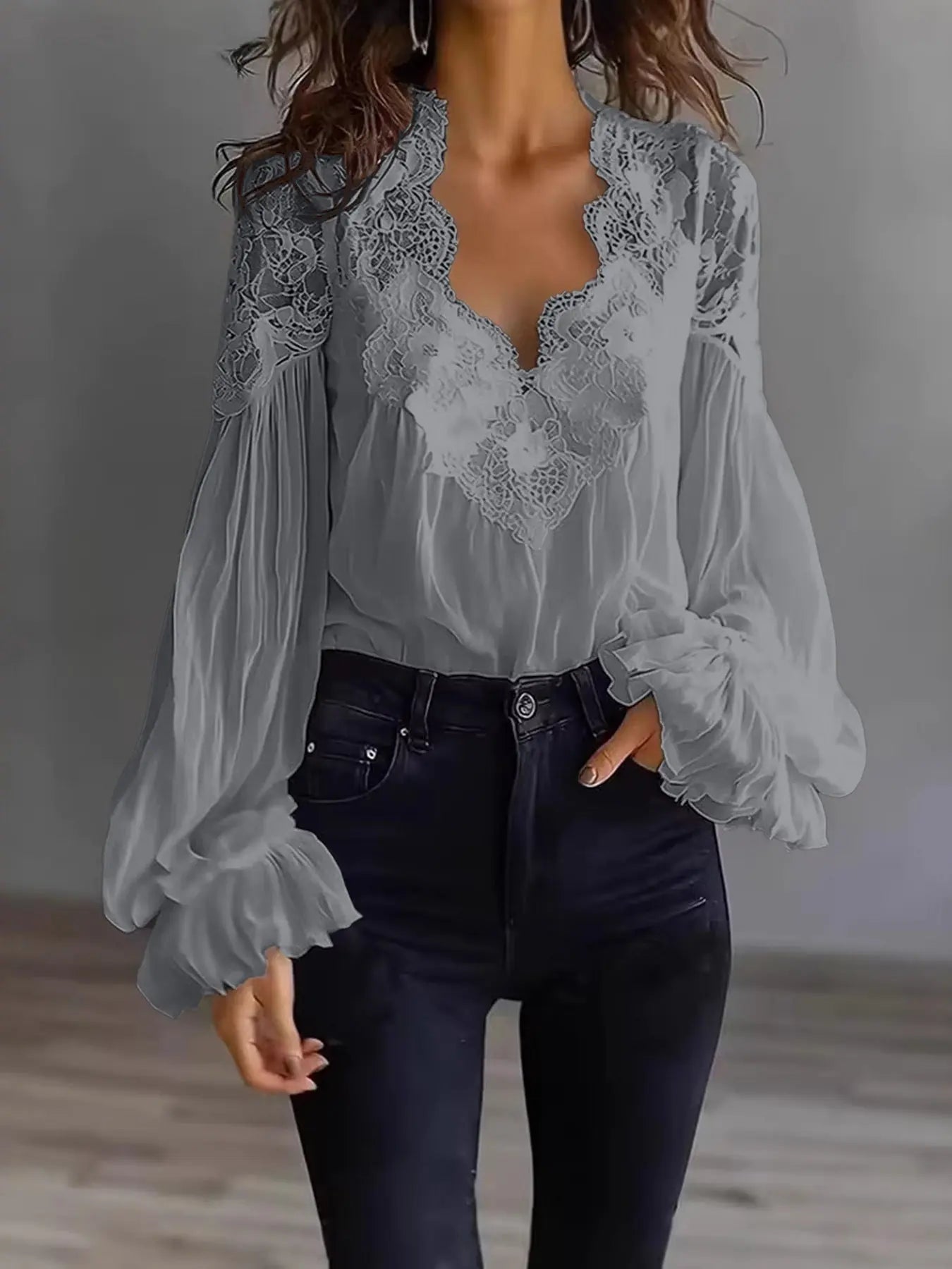 Alani - Lace Panel Ruffle Puff Sleeve Pleated Shirt Women
