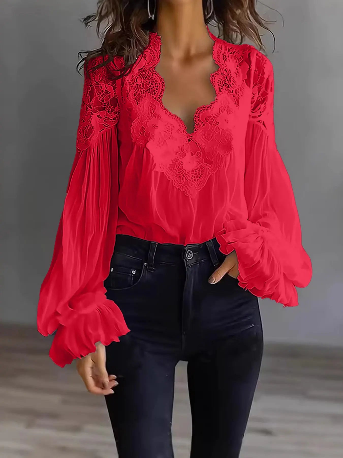 Alani - Lace Panel Ruffle Puff Sleeve Pleated Shirt Women