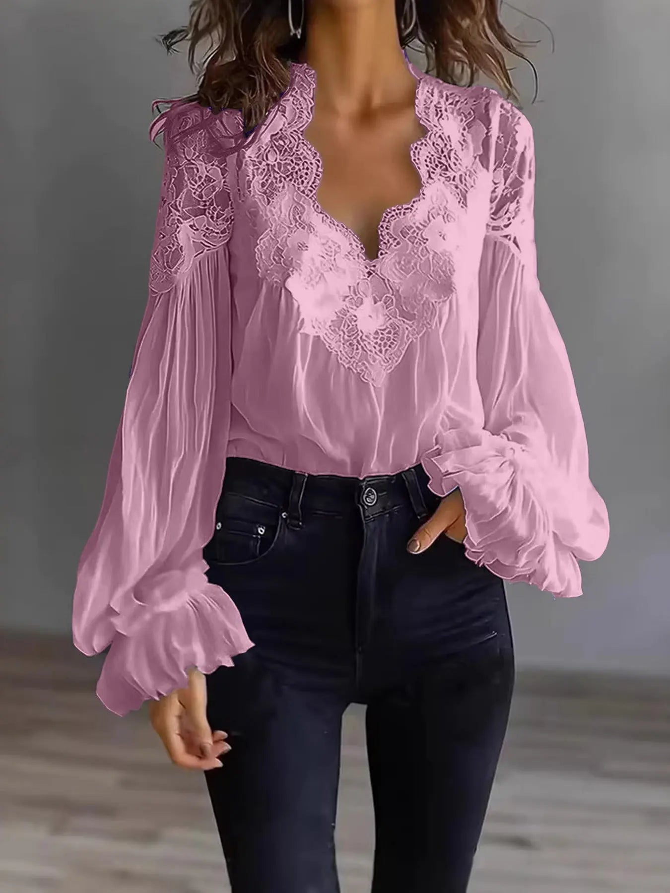 Alani - Lace Panel Ruffle Puff Sleeve Pleated Shirt Women