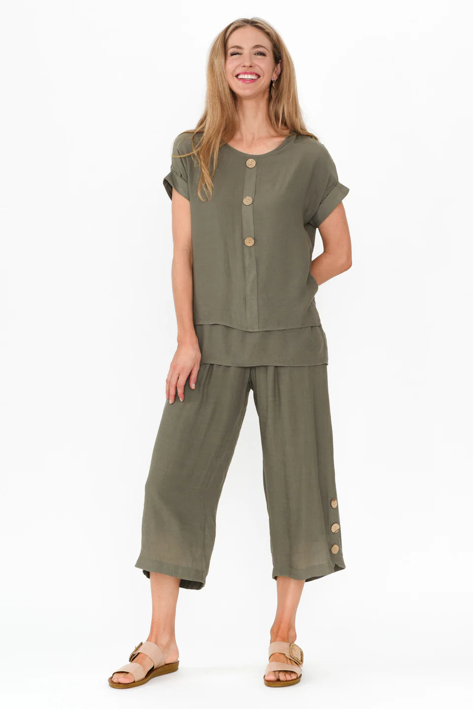 Mia - Womens Button Detail Casual Everyday Pants