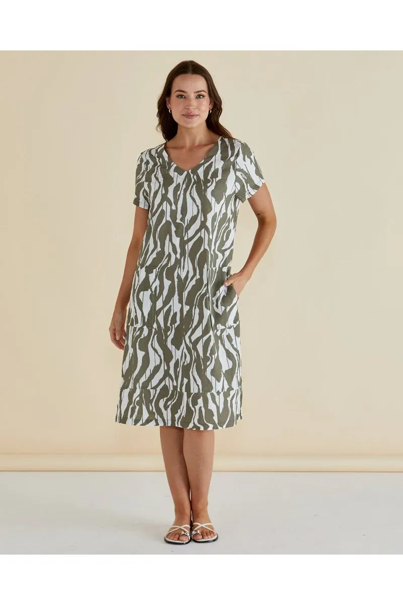 Zoe - Olive Geo Print Women’s Dress