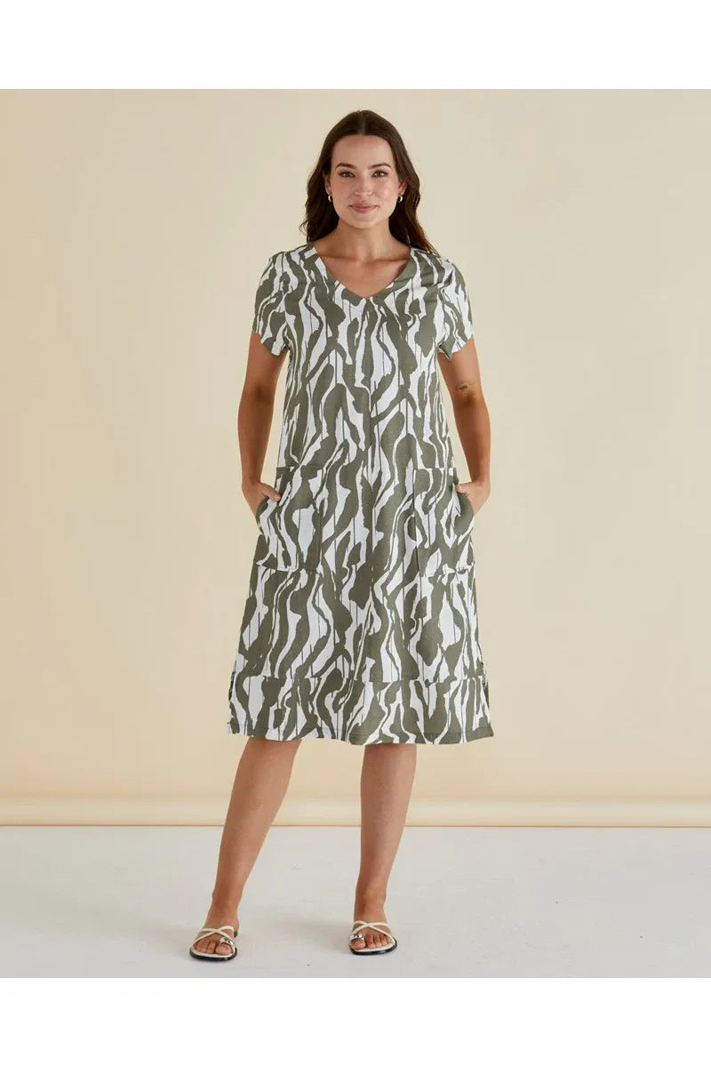Zoe - Olive Geo Print Women’s Dress