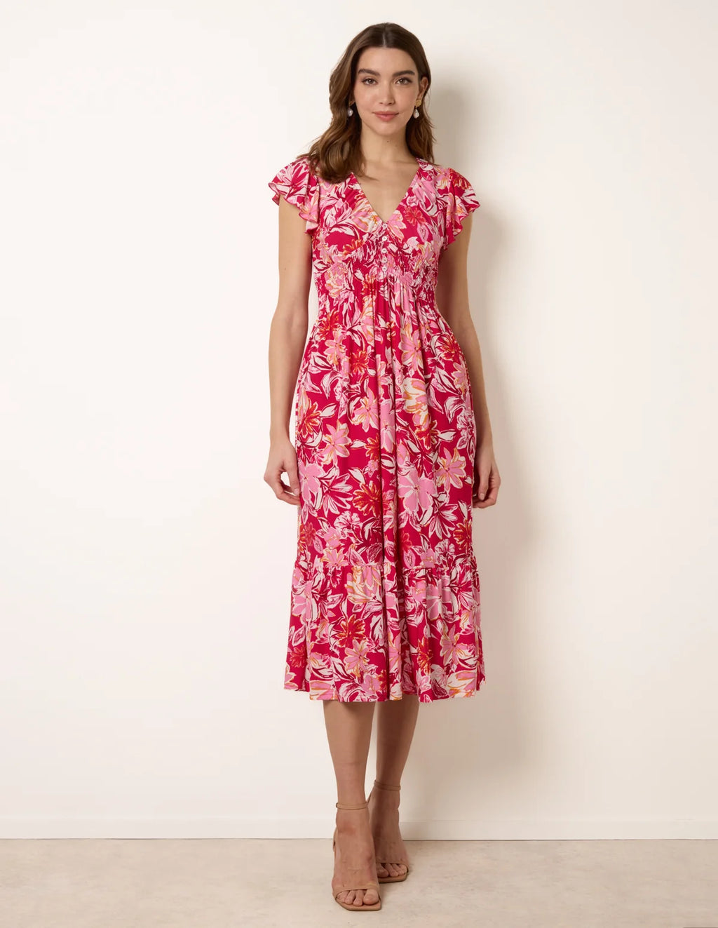 Evelyn - Tropical Print Flutter Sleeve Midi Dress