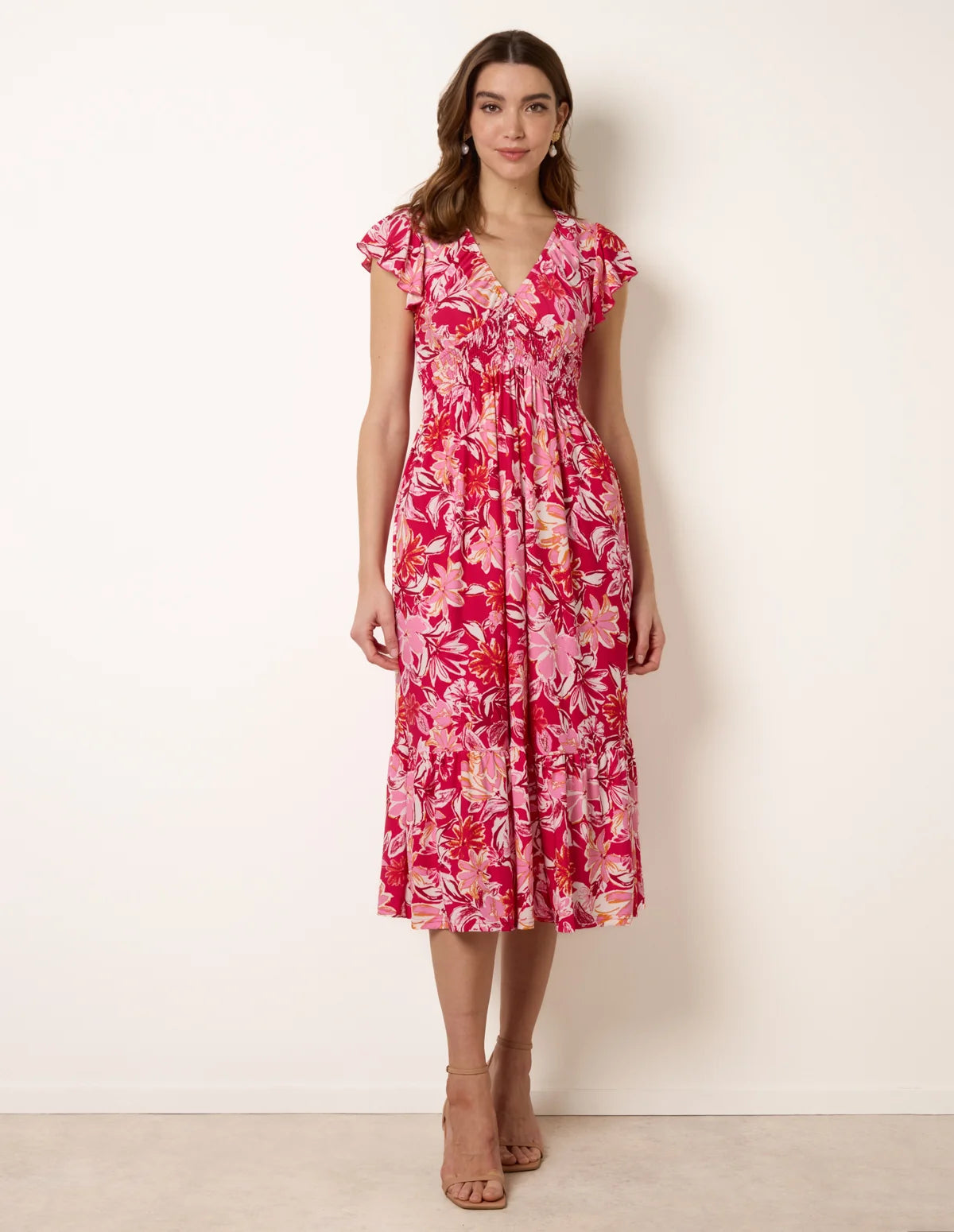 Evelyn - Tropical Print Flutter Sleeve Midi Dress