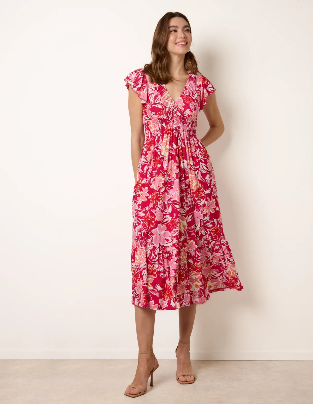 Evelyn - Tropical Print Flutter Sleeve Midi Dress