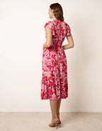 Evelyn - Tropical Print Flutter Sleeve Midi Dress