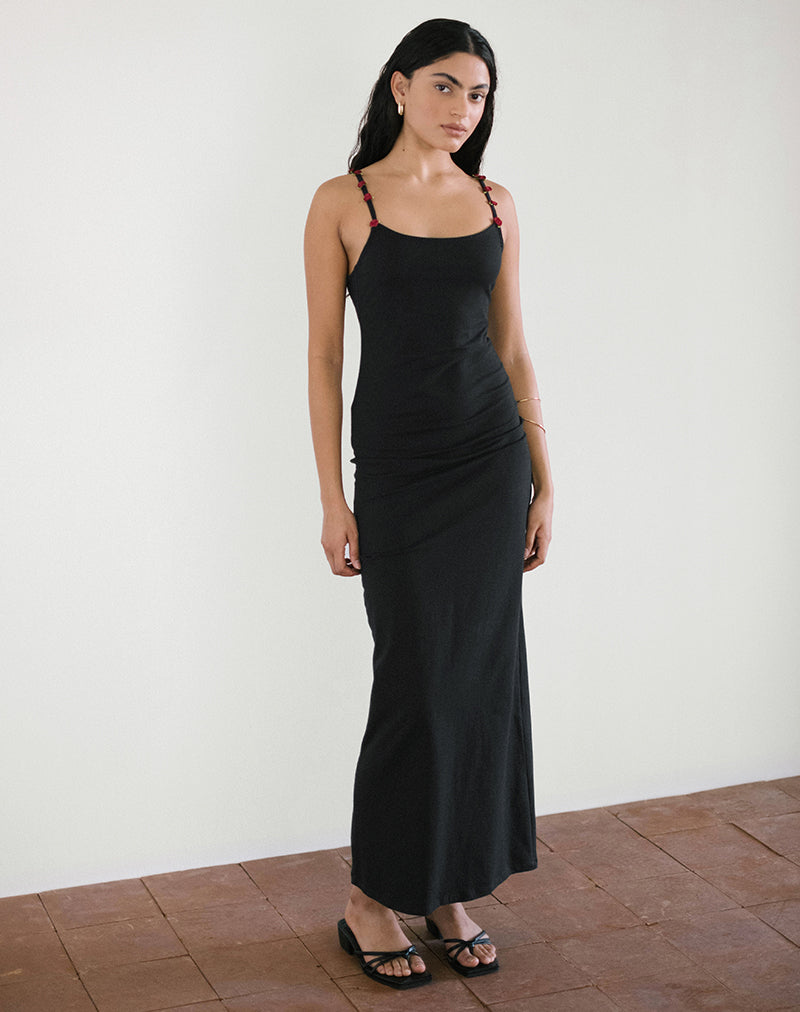 Brianna - Black Red Rosette Elegant Maxi Dress