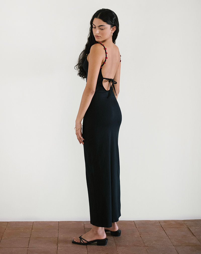 Brianna - Black Red Rosette Elegant Maxi Dress